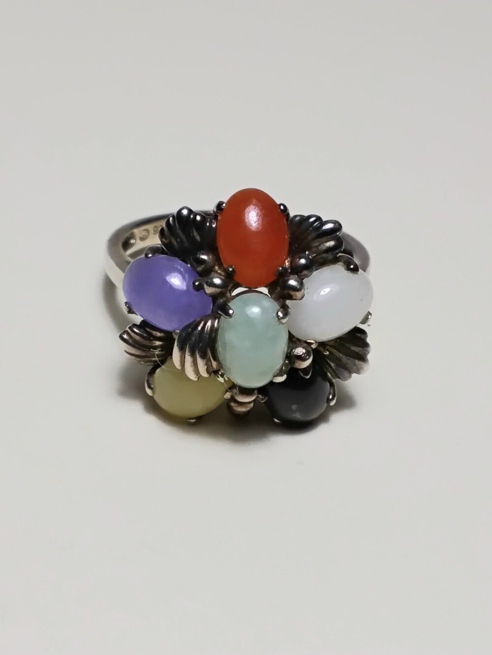 Vintage 925 Silver Jade Cluster Ring Sz 9